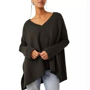 Free People Orion A Line in Carbon Black V-Neck Cozy Sweater